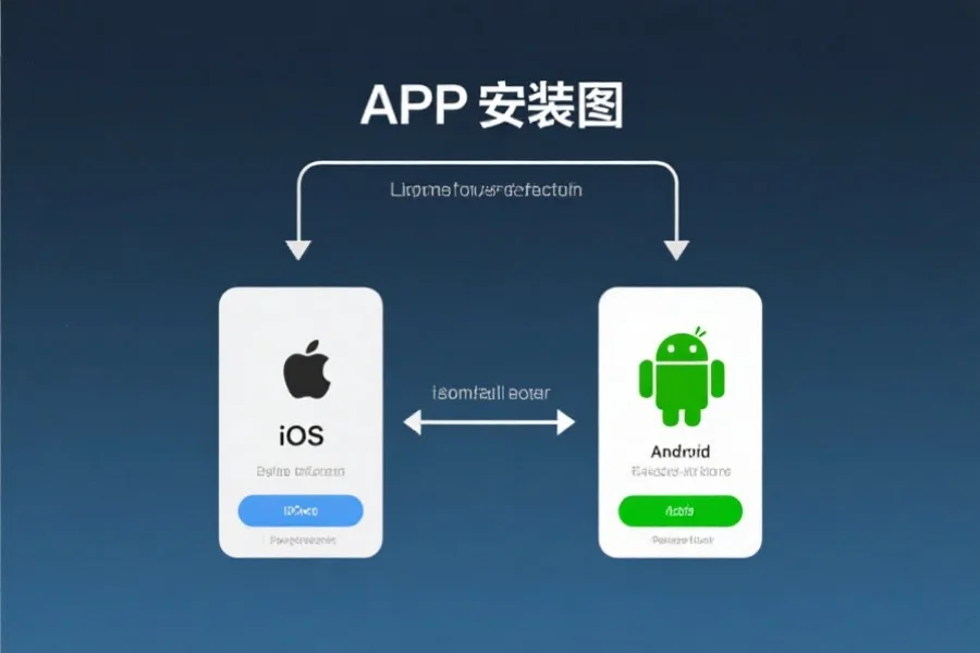 一张简洁明了的APP安装流程图,突出显示iOS与安卓两个系统的操作步骤,风格现代科技感